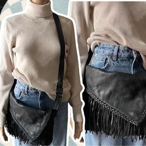 Vintage 80’s Black Leather Moto Style Fringe Crossbody Bag
